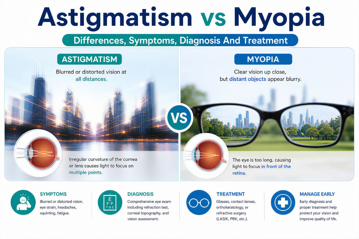 Astigmatism vs Myopia: Differences, Symptoms, Diagnosis And Treatment